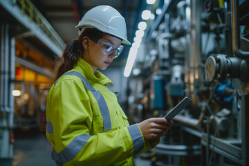 Female engineer wearing safety suit and glasses Operate machines and view data via tablet in large industrial plants