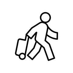 Traveler man icon. Simple outline style. Passenger pulling rolling bag, business trip, vacation, tourism concept. Thin line symbol. Vector illustration isolated.