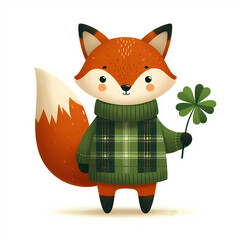 Obraz premium Cute cartoon red fox in green plaid sweater, organic shapes, holding a clover leaf, white background