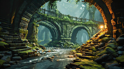 Ancient lost city ruins covered with jungle vegetation - obrazy, fototapety, plakaty