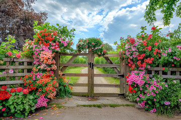 Fototapeta na wymiar Flower-Decorated Gate. The Beauty of the Entrance with Blooming Flowers on Both Sides of the Gate.