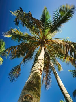 Palm trees under a clear blue sky, bottom-up image shows palm trees and sky in a summer atmosphere. Travel, summer, vacation