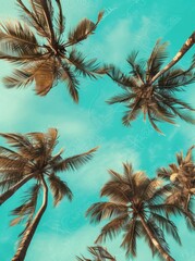 Palm trees under a clear blue sky, bottom-up image shows palm trees and sky in a summer atmosphere. Travel, summer, vacation