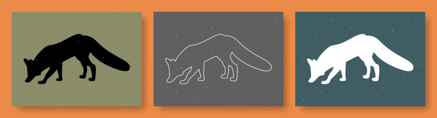 Fox vector illustration set. Fox, picture, outline, silhouette, linear. Isolated collection of contemporary art.