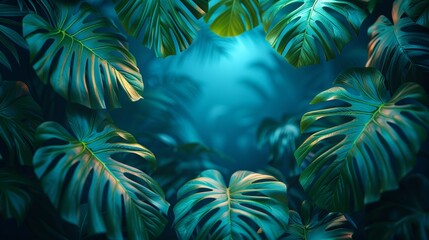 Green tropical leaves banner with copy space for text in the middle. Botany background with green leaves with soft selective focus. Generative AI.