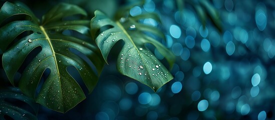 Green tropical leaves banner with bokeh copy space for text. Botany background with green leaves with soft selective focus. Generative AI.