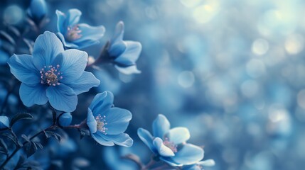 Blue spring floral banner for 8 march, mother's day with bokeh copy space for text. Floral background with soft selective focus. Generative AI.