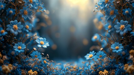 Blue spring floral banner for 8 march, mother's day with bokeh copy space for text in the middle. Floral background with soft selective focus. Generative AI.