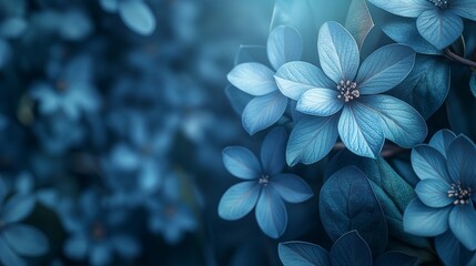Blue spring floral banner for 8 march, mother's day with bokeh copy space for text. Floral background with soft selective focus. Generative AI.