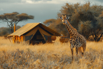 A serene glamping setup in the African savanna featuring spacious eco-conscious tents equipped with...