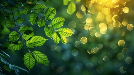 Green nature banner for 8 march, mother's day with bokeh copy space for text. Botany background with branch of green leaves with soft selective focus. Generative AI.