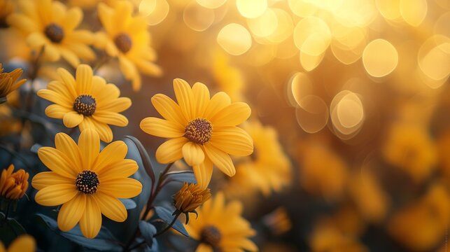 Yellow summer floral banner with bokeh copy space for text. Floral background with soft selective focus. Generative AI.