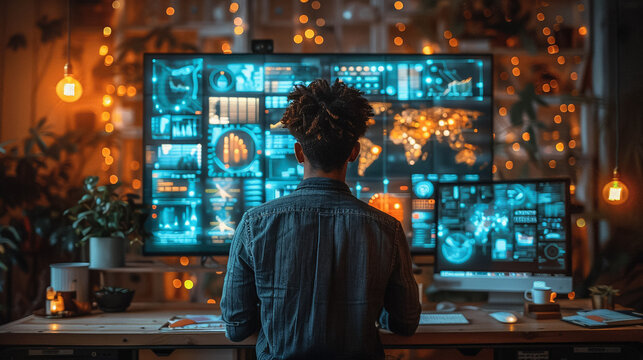 A diverse team brainstorming in a futuristic high-tech office space with holographic displays showing market trends and innovative ideas The setting is bright and modern reflecting dynamic