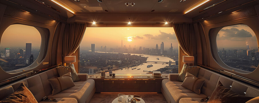 Peering out from a luxurious private jets interior passengers have a birds-eye view of a sprawling cityscape below lit by the golden hours soft light The jets cabin