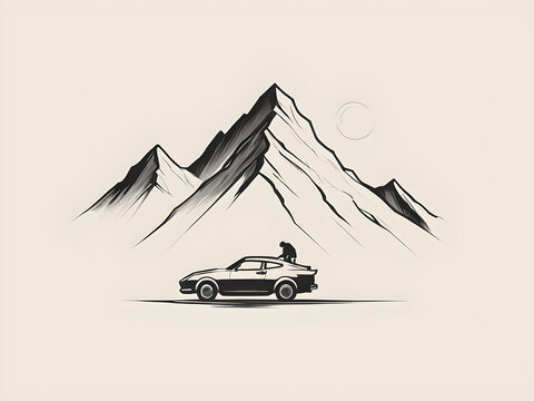 Minimalist logo sketch showing a climber in front of a car with a mountain in the background