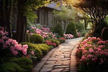 Fototapeta na wymiar A tranquil garden path bordered by blooming flowers