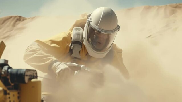 Crisp and clear a skillful shot of a sandblaster during their busiest moments