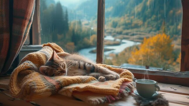 Valley Vista Catnap: Serene Cat Sleeping by the Window Overlooking the Valley, Seamless looping 4k time-lapse virtual video animation background. Generated AI