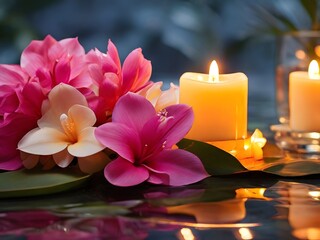 A serene spa setting adorned with candles, flowers, and natural elements, promoting relaxation, beauty, and wellness
