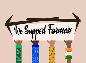 Diverse Hands Unite: Vibrant Stand for Farmers Rights, Experience the unity in diversity with this striking vector art. Four distinct hands, each adorned with unique patterns and colors, hold a banner