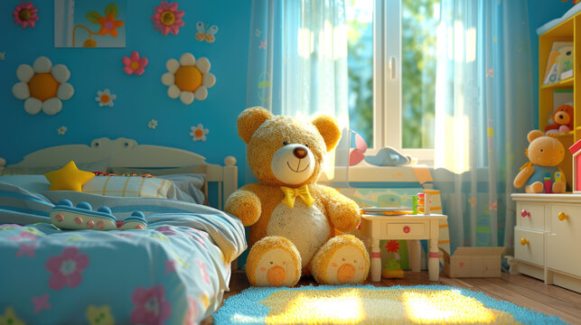 A Teddy Bear's Tale in Child's Colorful Room, baby, interior of kid beautiful room, advertising children's furniture, material aimed at family and parenting, boundless world within a child's room