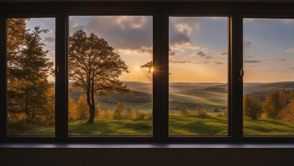 Fototapeta premium sunset in the city a window with a view of the mountains at dusk 