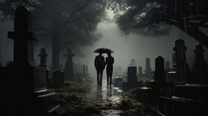 People in black in a cemetery under black umbrellas, silhouettes in the rain - obrazy, fototapety, plakaty