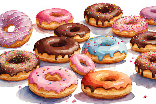 chocolate donuts and colorful donuts, watercolor background