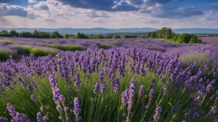 Naklejka premium lavender field region a panoramic banner with purple lavender flowers and green grass on a blurred blue sky background 