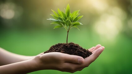 hands holding a plant A female hand holding a small tree on a green background. The hand is gentle and caring,  