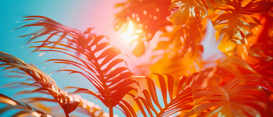 Sunset in the jungle, tropical leaves silhouetted against a vibrant sky, capturing the surreal...