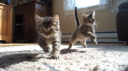Two spirited kittens embrace the joy of play under a cascade of sunlight filtering through a cozy home, cat, pet lovers, pet care brands, animal content