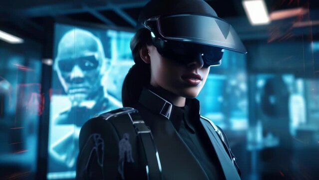 A female detective wearing a black fullface VR visor illuminated by her own augmented reality display. In front of her cyberpunk art