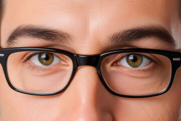 Solving vision problem. Close up cropped portrait of young man having eye astigmatism myopia short or long sight wear stylish glasses look at camera. Optical store ophthalmology clinic advertisement - obrazy, fototapety, plakaty