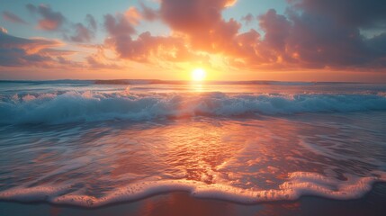 Twilight Tide: Serene Sea Waves Roll Against Sunset Horizon - obrazy, fototapety, plakaty