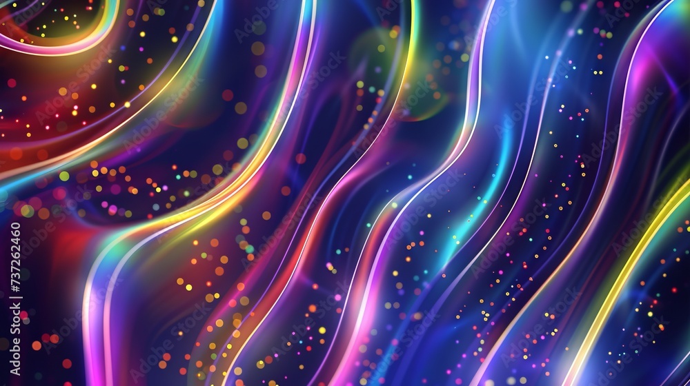 Poster ethereal lines and neon orbs form an abstract pattern on a black background for design and decoratio