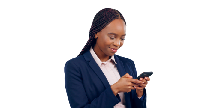 Phone, business and black woman with conversation, happiness and connection. African person, model and employee with smartphone, communication and talking isolated on a transparent, png background