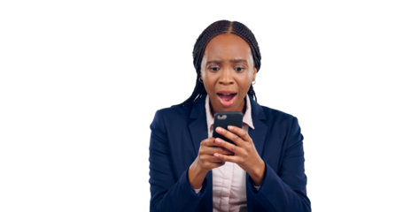 Business woman, cellphone and shock online communication for fake news, feedback or review. Female person, smartphone and social media or isolated transparent png background or surprise, spam or hack