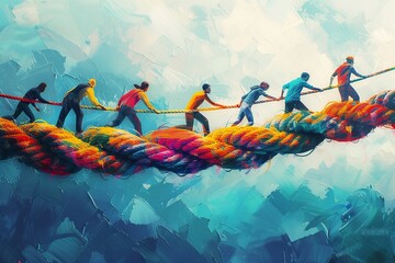 Witness the power of teamwork and partnership as diverse individuals unite to form a strong bond symbolized by a colorful braid of intertwined ropes - obrazy, fototapety, plakaty
