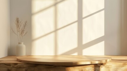 Fototapeta premium An empty, minimalist wooden table serves as a sleek podium for product presentations, casting shadows from the window onto a beige wall in the background