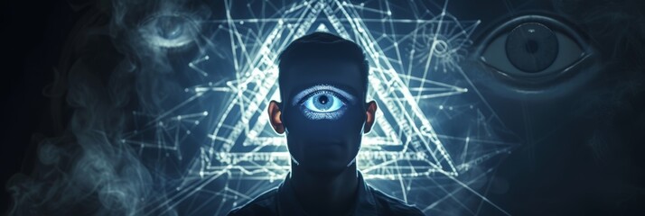 Silhouette of a Man in Mystical View around Occult Symbols Triangle Eye Pentagram with a Third Eye Glowing on his Forehead Background created with Generative AI Technology