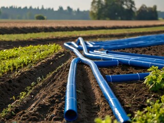 Some plastic-made pipes in the agricultural field area, day time, water supply line on the field, ultra-durable
