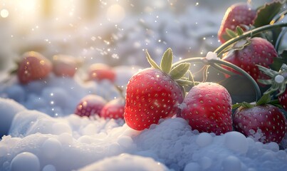 snowy scenery gorgeous red strawberries in garden - obrazy, fototapety, plakaty