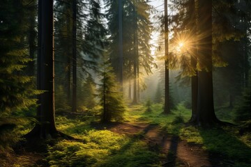 Sunlight streaming into an evergreen glade