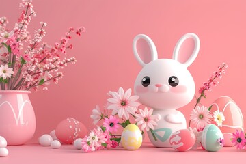 Obraz premium Adorable 3d Easter bunny with basket of eggs amidst spring blooms on pink background.