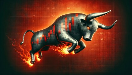 An artistic representation of a bull market with a stylized bull over a background of rising stock charts.
generative ai