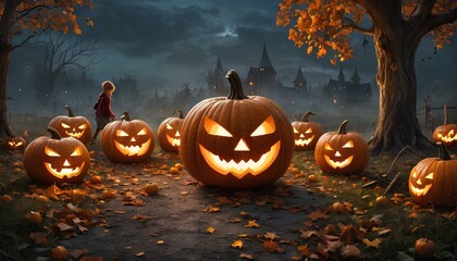 Halloween 2024. Child among Halloween pumpkins.