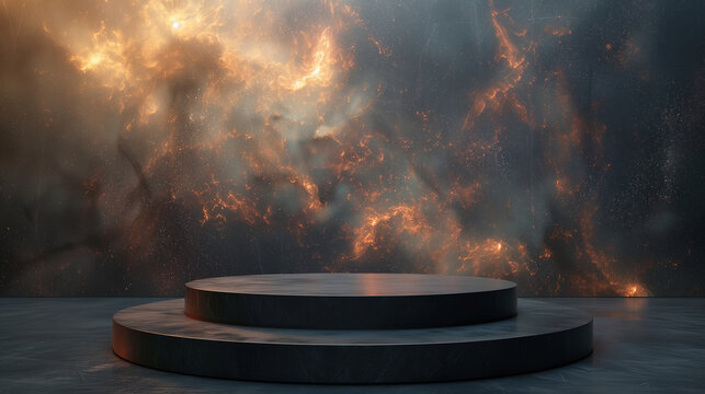 empty black marble podium on space with orange galaxy planet and stars in the background for product presentation - Powered by Adobe