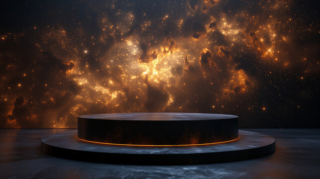 empty black marble podium on space with orange galaxy planet and stars in the background for product presentation - Powered by Adobe