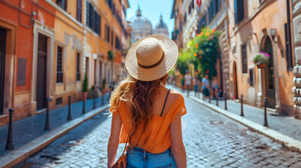 Fototapeta premium Beautiful tourist young woman walking in Rome city street on summer, Italy, tourism travel holiday vacations concept in Europe